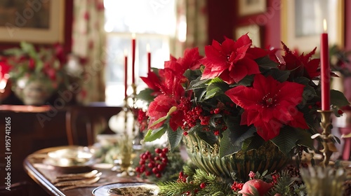 Wallpaper Mural Elegant Christmas Dining Table Decor with Red Poinsettias, Candles, and Festive Holiday Centerpiece in a Cozy Setting Torontodigital.ca