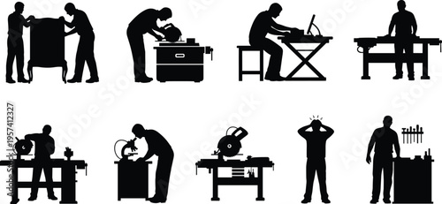 Workshop workers silhouettes set carpentry industry people using tools machines woodworking technician craftsman vector illustration isolated design collection
