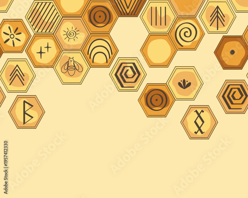 Honeycomb seamless pattern. Bee honey combs border decorated doodle ancient and tribal symbols background. Organic and wild honey concept. Vector hand drawn illustration