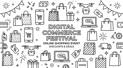 Digital Commerce Festival Banner with Shopping Elements