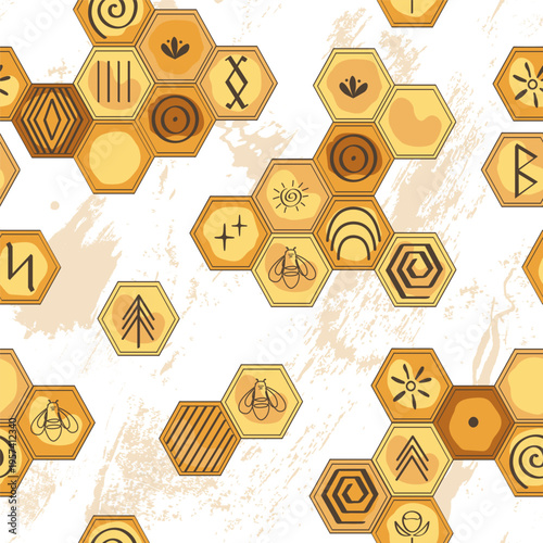 Honeycomb seamless pattern. Bee honey combs decorated doodle ancient and tribal symbols background. Organic and wild honey concept. Vector hand drawn illustration.