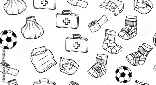 Medical and Sports Equipment Seamless Pattern Vector for Healthcare and Injury Prevention