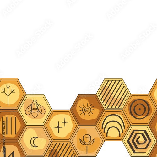 Honeycomb seamless pattern. Bee honey combs border decorated doodle ancient and tribal symbols background. Organic and wild honey concept. Vector hand drawn illustration.