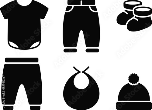 Baby clothing silhouette vector set infant outfit collection with bodysuit pants shoes bib hat minimal icon design isolated