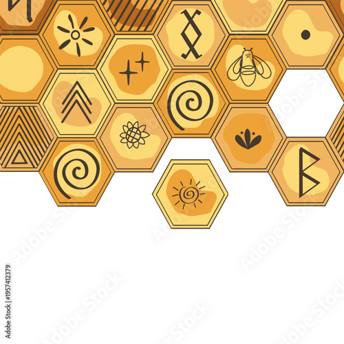 Honeycomb seamless pattern. Bee honey combs border decorated doodle ancient and tribal symbols background. Organic and wild honey concept. Vector hand drawn illustration.