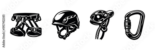 Climbing equipment set vector silhouette, harness, helmet, belay device, carabiner clipart