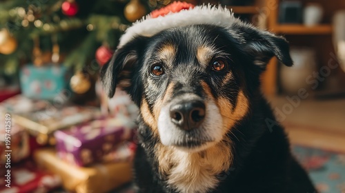 Wallpaper Mural Cheerful dog wearing Santa hat in festive setting surrounded by Christmas gifts and decorated tree, perfect for holiday spirit imagery. Torontodigital.ca