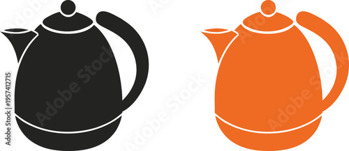 Teapot icon vector set with black and orange kettle symbols isolated on transparent grid