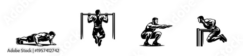 Black and white vector illustrations of fitness exercises with men silhouette
