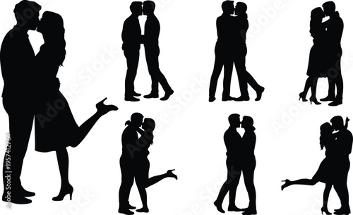 Couple silhouette illustration, six romantic figures kissing in diverse poses including standing, embracing, and affectionate gestures, love and intimacy theme, vector art, black isolated bold design
