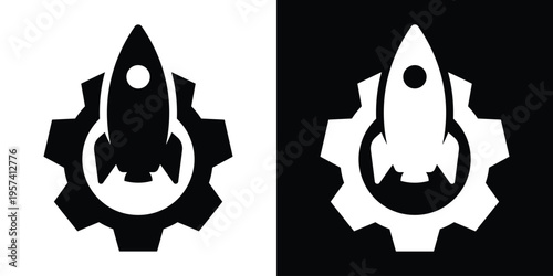 Startup concept icon featuring a rocket ship launching from a gear. Vector symbol for innovation, business optimization, technology progress, and project deployment. Black and white graphic.