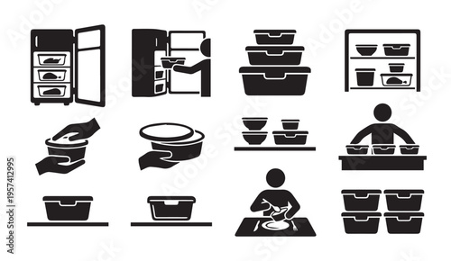 Daily kitchen food storage and preparation sequence illustration