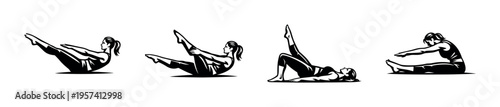 Black and white vector illustrations of women in pilates poses exercise silhouettes