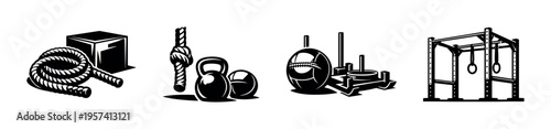 Black and white fitness equipment silhouette vector illustration featuring kettlebell and training elements