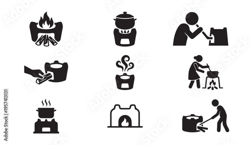 Traditional cooking methods and tools depicted through simple icons