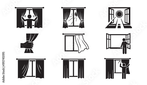Various ways of interacting with curtains and blinds in a room setting