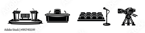 Black and white vector illustration of press conference elements including podium microphone and camera