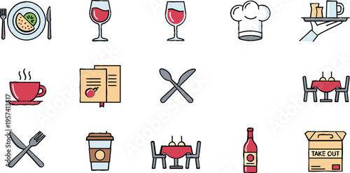 Restaurant and Dining Icon Set Featuring Food, Drinks, Menus, Plates, Chef Hat, Cutlery, Takeout, and Dining Table Symbols for Hospitality Design