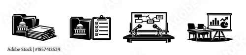 Black and white vector illustrations of office and business elements including folders and graphs