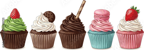 Delicious Cupcake Collection with Chocolate, Strawberry, Green Tea, and Macaron Toppings for Dessert, Party, and Sweet Treat Designs