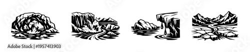 Black and white vector illustrations of dramatic mountainous landscapes and water elements