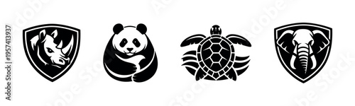 Black and white animal silhouette vector set featuring rhino panda turtle elephant emblems