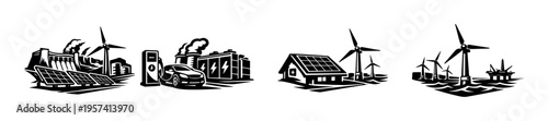 Renewable energy sources vector illustration silhouette featuring solar panels wind turbines and industrial buildings