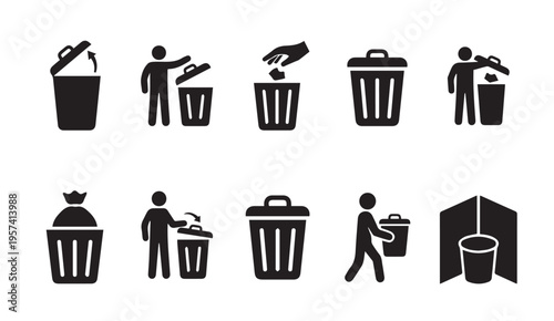 Various methods of waste disposal and recycling actions depicted through icons
