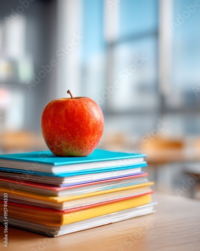 Wallpaper Mural Red apple on colorful stacked notebooks in a bright classroom setting showcasing education and learning environment Torontodigital.ca