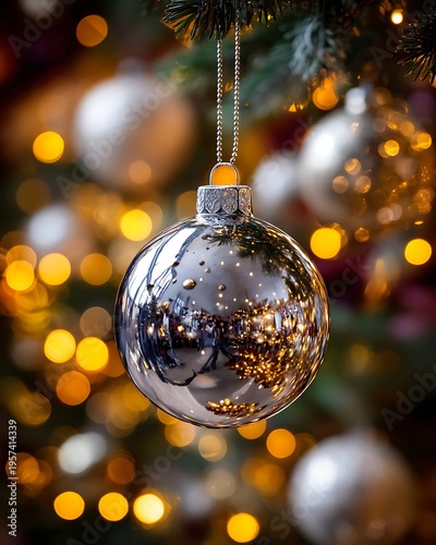 Wallpaper Mural Shiny Silver Ornament Hanging on Christmas Tree with Golden Lights in Background Creating a Magical Holiday Atmosphere Torontodigital.ca