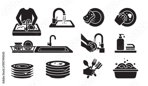 Comprehensive illustration of kitchen cleaning and dishwashing activities