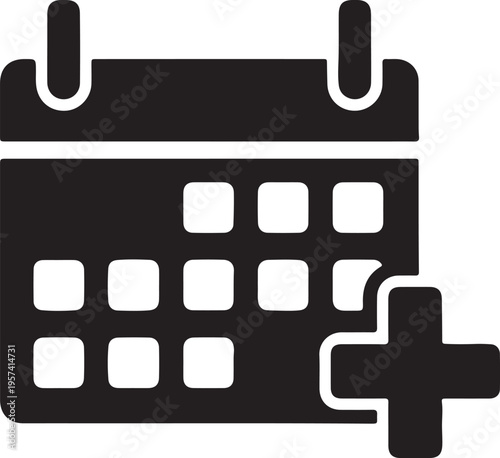 Black calendar icon with plus sign vector for scheduling, adding events, or date management isolated PNG with Transparent Background