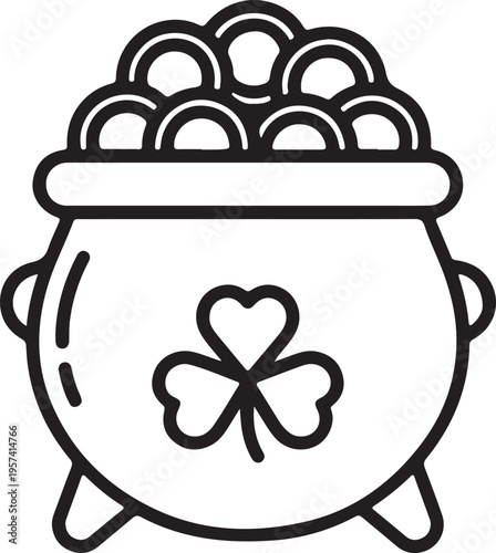 Black outline vector icon of a pot of gold with a three-leaf clover, symbolizing St. Patrick's Day luck isolated PNG with Transparent Background