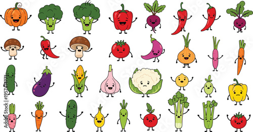 Cute and Playful Vegetable Collection Featuring Carrots, Peppers, Mushrooms, and More with Happy Faces for Kids' Crafts and Educational Designs