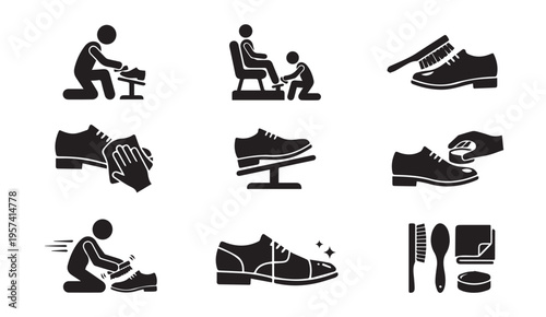 Illustrations of various shoe care and maintenance activities