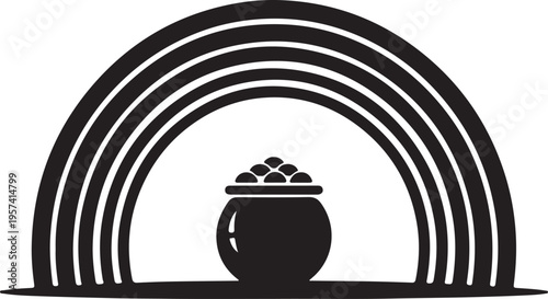 Black and white vector illustration of a pot of gold under a rainbow, symbolizing luck and wealth isolated PNG with Transparent Background