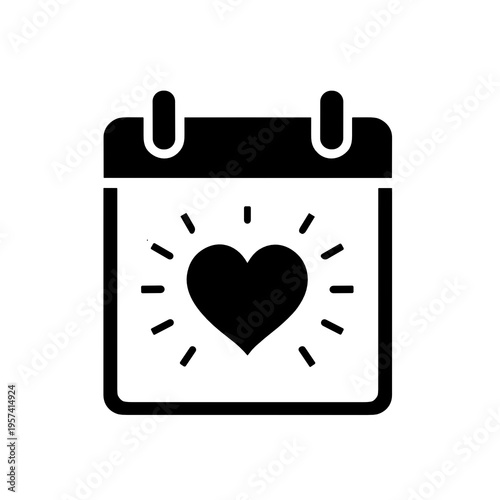 Black and white calendar page with heart and rays symbolizing a special romantic date. Love schedule icon for Valentine event, anniversary reminder and wedding planner design.