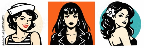 Set of three retro female avatars featuring sailor cap, dark bangs and floral hairstyle. Vintage beauty icons with distinct personalities, fashion styling and colorful backgrounds.