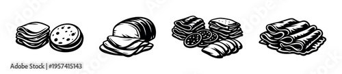 Black and white vector illustration of various sliced and whole meat cuts in silhouette style