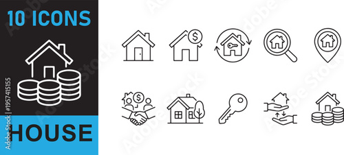 Home Line Icon Set, 10 Minimalist Home Buying and Mortgage Vector Symbols