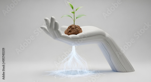 Sustainable Green Technology Concept with Robotic Hand Holding Growing Plant and Glowing Energy Roots for Corporate ESG and Eco Innovation