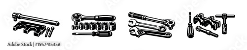 Black and white vector silhouette of assorted mechanical tools including wrenches and screwdrivers