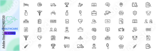 Healthcare set of web icons in line style. Medicine and Health Care linear icon collection. Containing emergency, doctor, treatment, medical, report, diagnosis, health, prevention. Editable stroke
