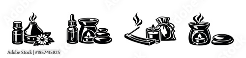 Aromatherapy and spa elements in black and white vector illustration