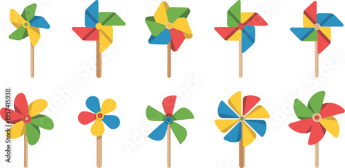 Colorful pinwheels arranged in a grid showcasing vibrant color combinations playful decorative toy vector illustration