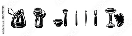 Black and white vector illustration of skincare tools and accessories silhouette