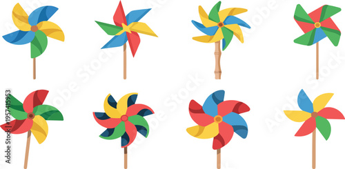 Colorful pinwheels arranged in a grid showcasing vibrant color combinations playful decorative toy vector illustration