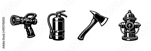 Black and white set of firefighting tools in silhouette style including extinguisher and hydrant