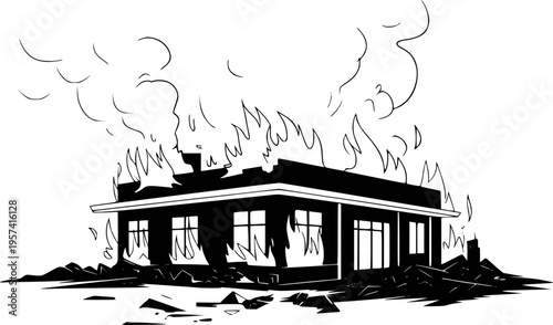 Black and white of a building engulfed in flames and smoke a white background fire