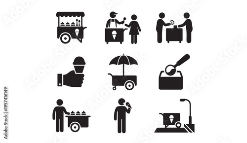 Various scenes and activities related to ice cream vendors and customers
